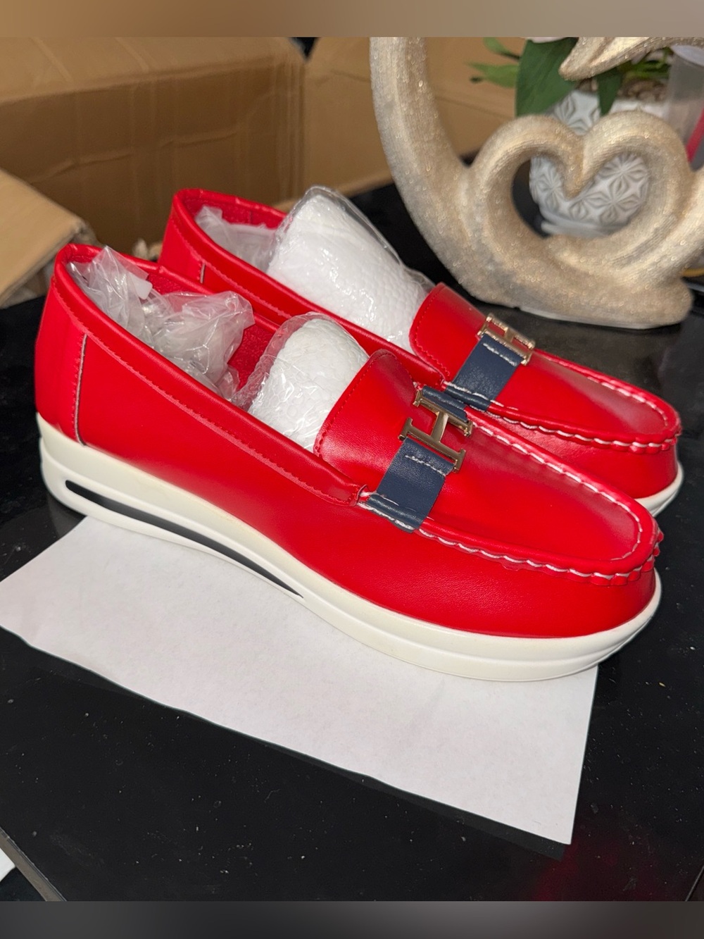 Women’s Red Slip-On Loafers with Navy Accent